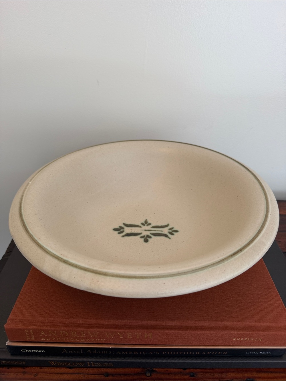 Vintage Haeger USA Pottery Double Tulip Serving Bowl with Green Accent.